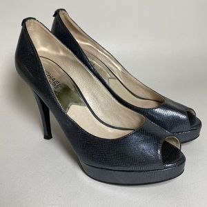 Michael Kors 8 Blue Metallic peep toe shoes faux snake skin